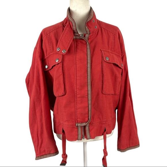 Free People Flight Line Oversized Military Red Bomber Jacket Size XS Embroidered - Picture 2 of 16
